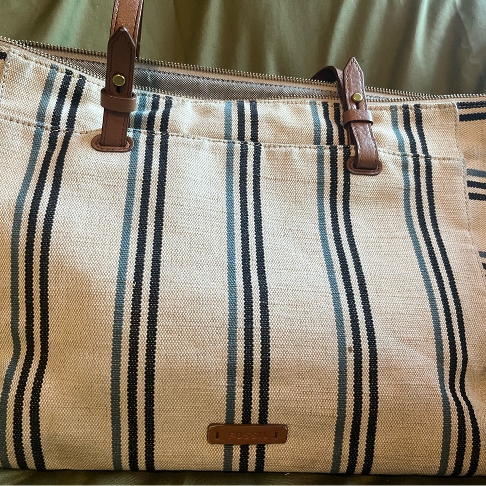 Fossil Striped Canvas Tote Bag - Blue and Tan